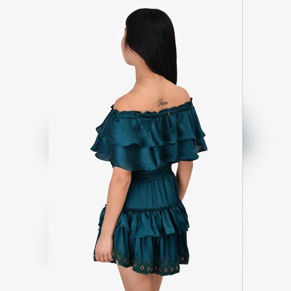 MISA Los Angeles Jules Mini Dress Off Shoulder Satin in Emerald Size XS Women's - Picture 4 of 13